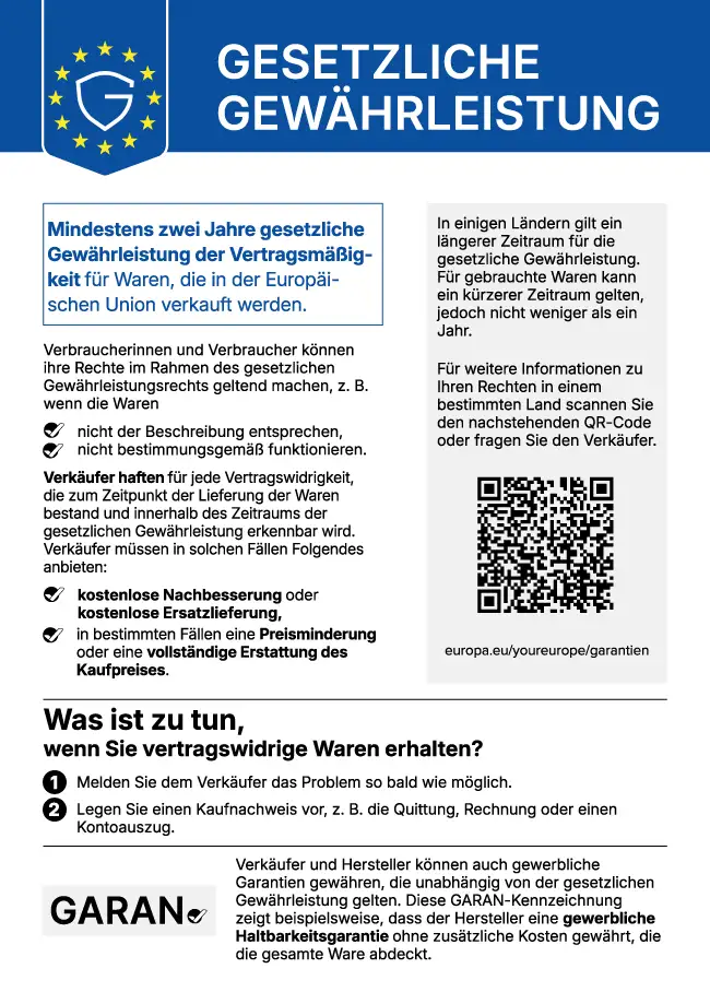 Amtlicher Hinweis der Europäischen Union zur gesetzlichen Gewährleistung: mindestens zwei Jahre Gewährleistung für Waren, die in der Europäischen Union verkauft werden.