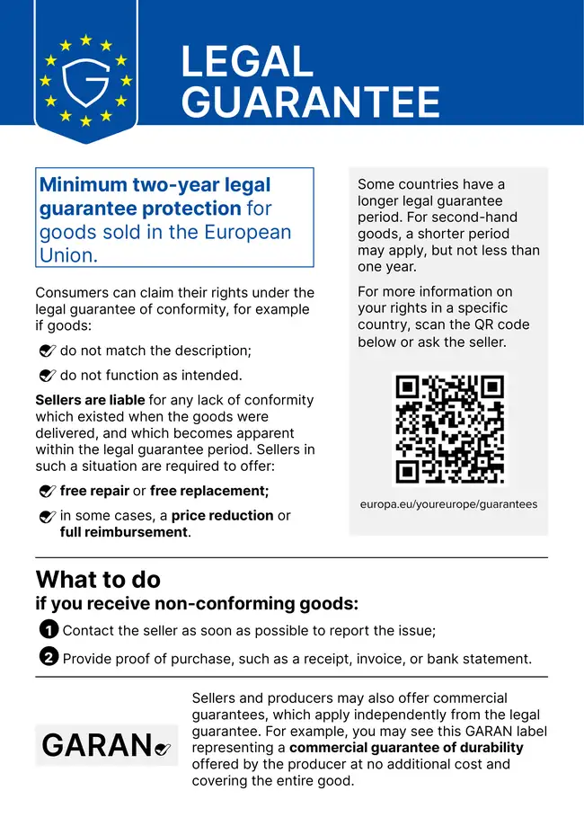 Official European Union notice on the legal guarantee: at least two years of guarantee of conformity for goods sold in the European Union.