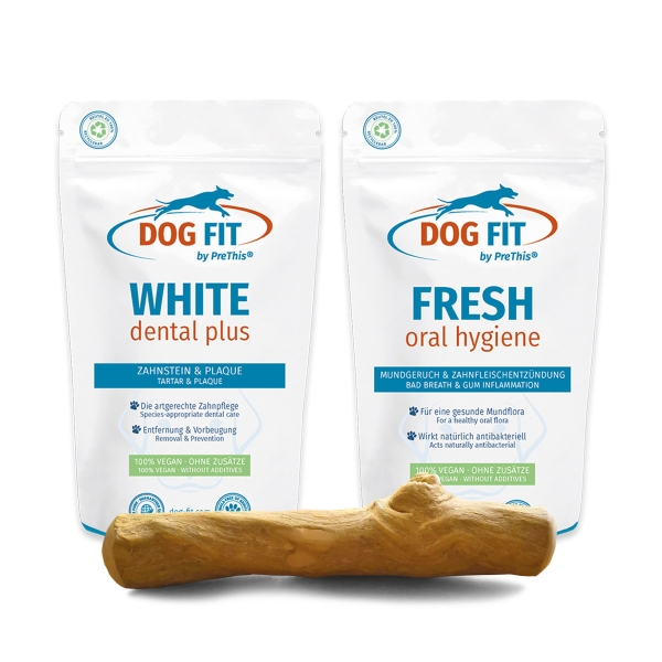 Dental Care Set für Hunde - DOG FIT by PreThis® WHITE dental & FRESH plus Kaustick aus dem Holz des Kaffeebaums